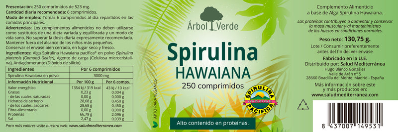 Etiqueta Spirulina Hawaiana - 250 Comprimidos. Árbol Verde. Herbolario Salud Mediterranea