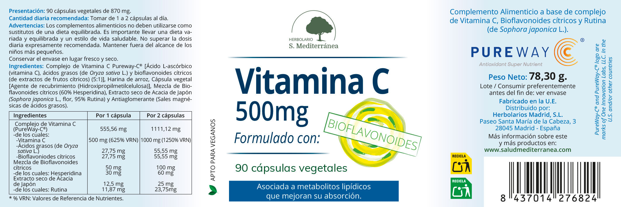 Vitamina C PureWay 500 mg con Bioflavoniodes - 90 Capsulas. Herbolario S. Mediterránea