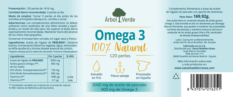 Etiqueta Omega 3 100% Natural - 120 perlas. Árbol Verde. Herbolario Salud Mediterránea