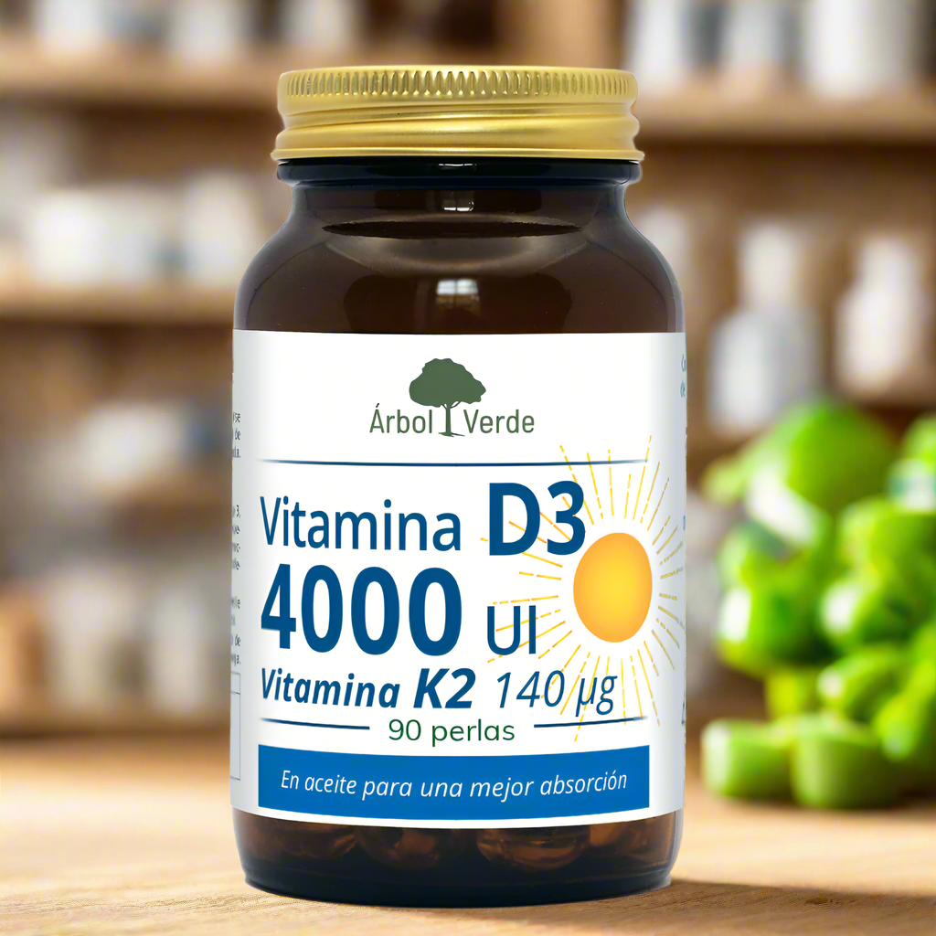 Vitamina D3 4000 UI + K2 - 90 Pérolas. Árvore verde 