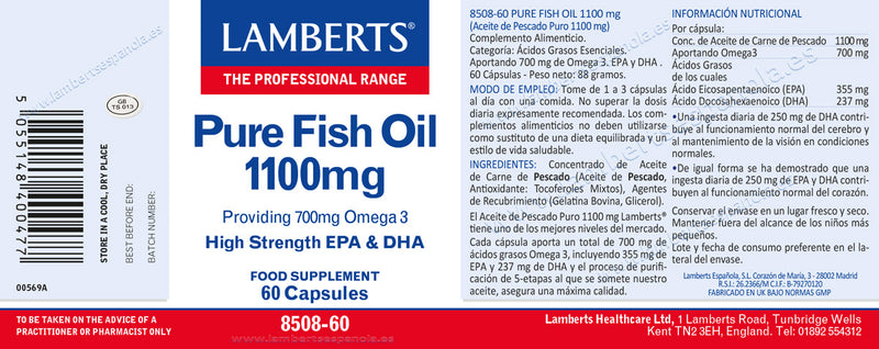 Etiqueta Aceite de Pescado Puro 1100 mg - 60 Cápsulas de 1100 mg. Lamberts. Herbolario Salud Mediterranea