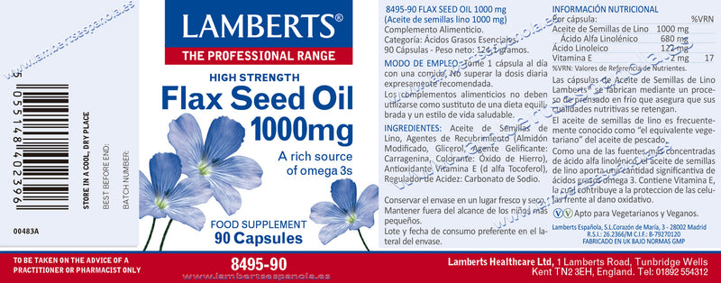 Etiquetas Aceite de Semillas de Lino 1000 mg - 90 Capsulas. Lamberts. Herbolario Salud Mediterranea