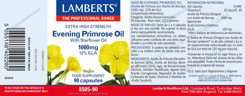 Etiqueta Aceite de Prímula con Borraja 1000 mg - 90 Cápsulas. Lamberts. Herbolario Salud Medierranea