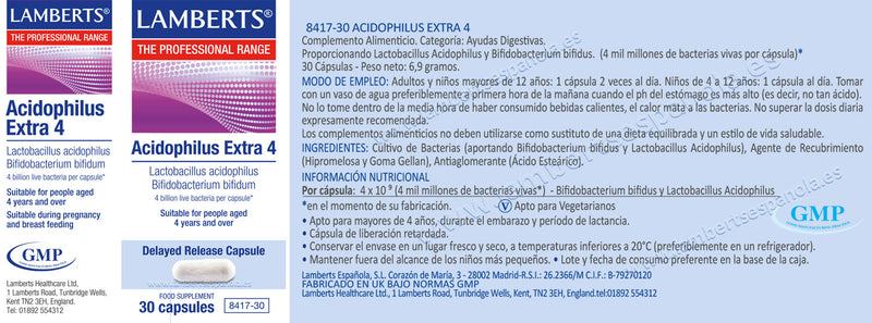 Etiqueta Acidophilus Extra 4 - 30 Capsulas. Lamberts. Herbolario Salud Mediterranea