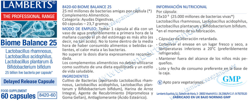 Etiqueta Biome Balance 25 - 60 Capsulas. Lamberts. Herbolario Salud Mediterranea