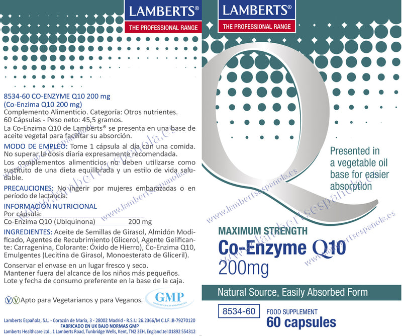 Co-Enzima Q10 200 mg - 60 Cápsulas. Lamberts. Herbolario Salud Mediterranea
