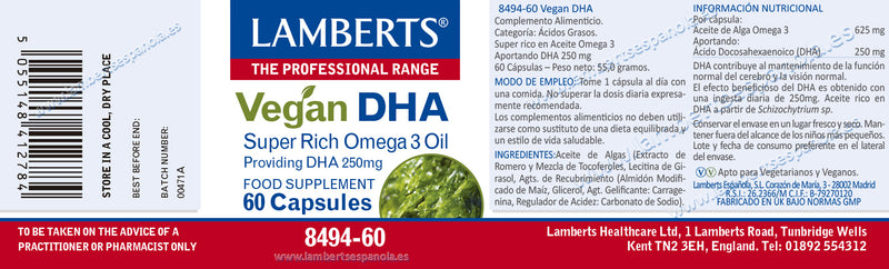 Etiqueta DHA Vegano - 60 Capsulas. Lamberts. Herbolario Salud Mediterranea