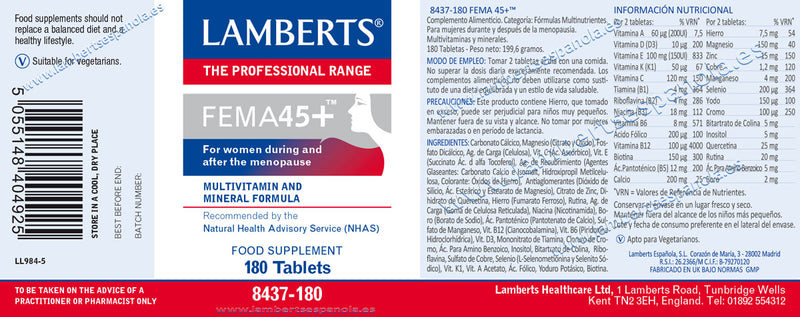 Etiqueta FEMA 45+ - 180 Tabletas. Lamberts. Herbolario Salud Mediterranea