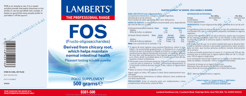 FOS® (Fructo-Oligosacáridos en polvo) - 500 gramos. Lamberts