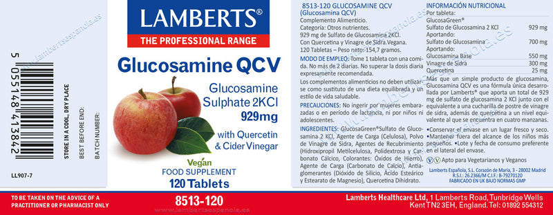 Etiqueta Glucosamina QCV - 120 Tabletas. Lamberts. Herbolario Salud Mediterranea