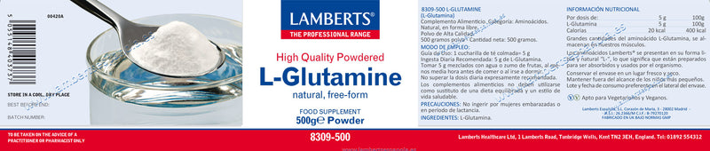 Etiqueta L-Glutamina en Polvo - 500 g. Lamberts. Herbolario Salud Medirerranea