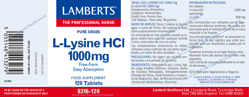 Etiqueta L-Lisina HCI 1000 mg - 120 Tabletas. Lamberts. Herbolario Salud Mediterranea