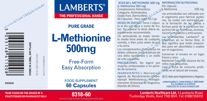 L-Metionina 500 mg - 60 Capsulas. Lamberts. Herbolario Salud Mediterranea