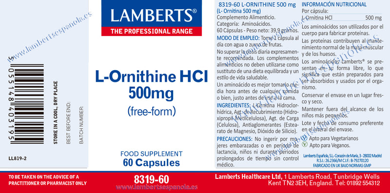 L-Ornitina HCl - 60 Capsulas. Lamberts. Herbolario Salud Mediterranea