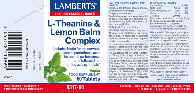 Etiqueta Complejo de Teanina y Bálsamo de Limón - 60 Tabletas. Lamberts. Herbolario Salud Mediterranea