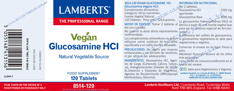 Etiqueta Glucosamina Vegana HCI - 120 Tabletas. Lamberts. Herbolario Salud Mediterranea