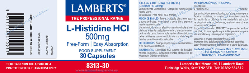 Etiqueta L-Histidina HCI 500 mg - 30 Capsulas. Lamberts. Herbolario Salud Mediterranea
