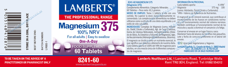 Etiqueta Magnesio 375 - 60 Tabletas. Lamberts. Herbolario Salud Mediterranea