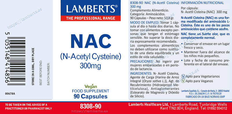 Etiqueta NAC (N-Acetil Cisteína) 300mg - 90 Comprimidos. Lamberts. Herbolario Salud Mediterranera