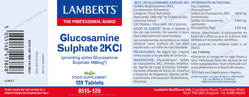 Etiqueta Sulfato de Glucosamina 2KCl - 120 Tabletas. Lamberts. Herbolario Salud Mediterranea