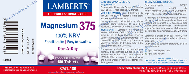 Magnesio 375 - 180 Tabletas. Lamberts. Herbolario Salud Mediterranea