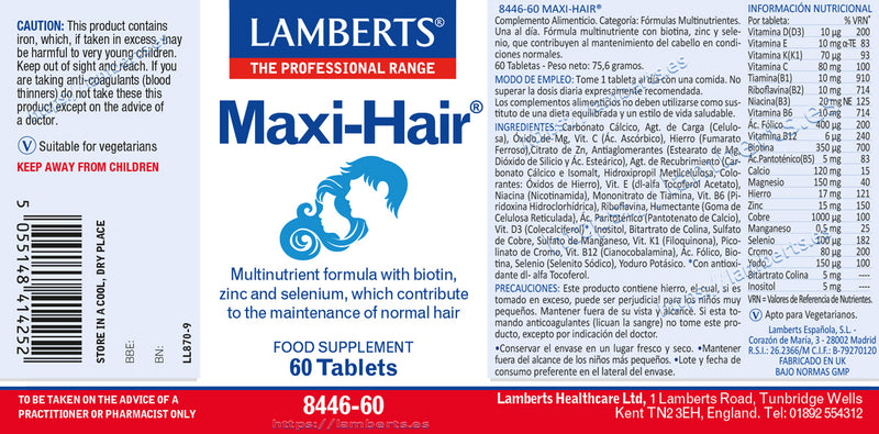 Etiqueta Maxi-Hair - 60 Tabletas. Lamberts. Herbolario Salud Mediterranea