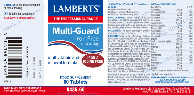 Etiqueta Multi-Guard® sin Hierro ni Yodo - 60 Tabletas. Lamberts. Herbolario Salud Mediterranea