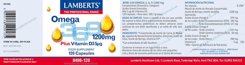 Etiqueta Omega 3,6,9 1200 mg + Vitamina D3 -120 capsulas. Lamberts. Herbolario Salud Mediterranea