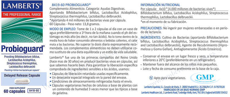 Etiqueta Probioguard - 60 Capsulas. Lamberts. Herbolario Salud Medirerranea