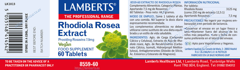 Etiqueta Rhodiola Rosea 250 mg - 60 Tabletas. Lamberts