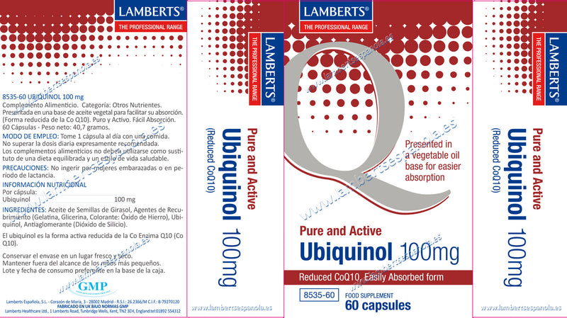 Etiqueta Ubiquinol 100 mg - 60 Capsulas. Lamberts. Herbolario Salud Mediterranea
