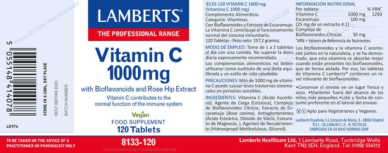 Etiqueta Vitamina C 1000 mg con Bioflavonoides y Escaramujo - 120 Tabletas. Lamberts. Herbolario Salud Mediterranea