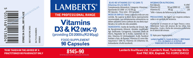 Etiqueta Vitamina D3 y Vitamina K2 - 90 Cápsulas. Lamberts. Herbolario Salud Mediterranea