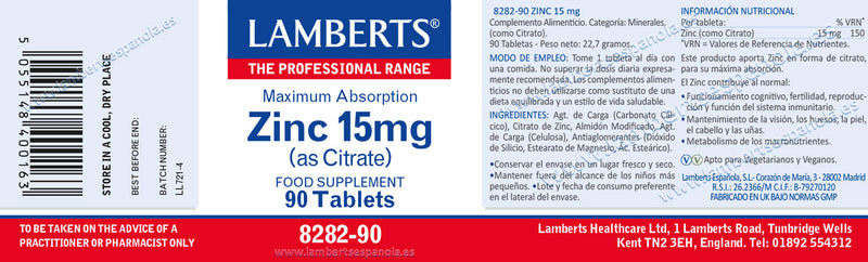 Etiqueta Zinc 15 mg - 90 tabletas. Lamberts. Herbolario Salud Mediterranea