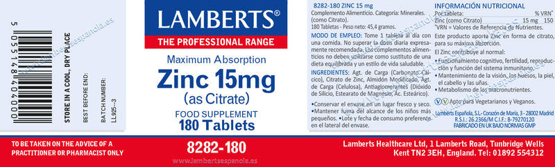 Etiqueta Zinc 15 mg - 180 tabletas. Lamberts. Herbolario Salud Mediterranea