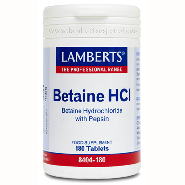Betaína HCI 324 mg y Pepsina 5 mg - 180 tabletas. Lamberts. Herbolario Salud Medierranea