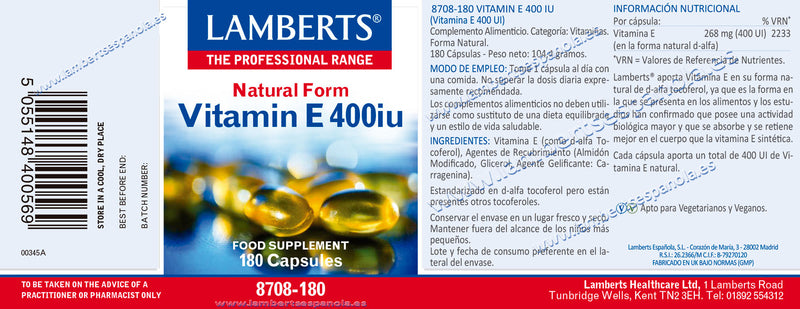 Vitamina E 400 UI - 180 Cápsulas. Lambert