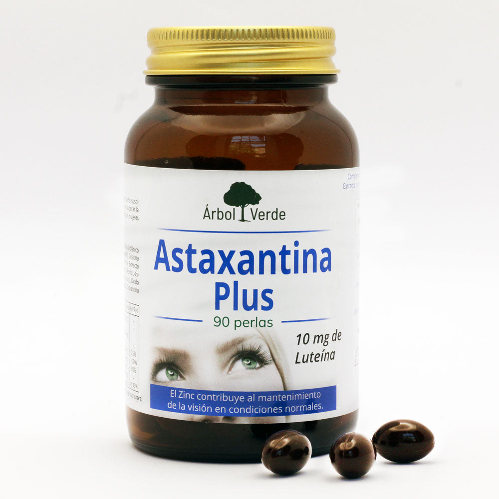 Bote y perlas de Astaxantina Plus - 90 Perlas. Árbol Verde. Herbolario Salud Mediterránea