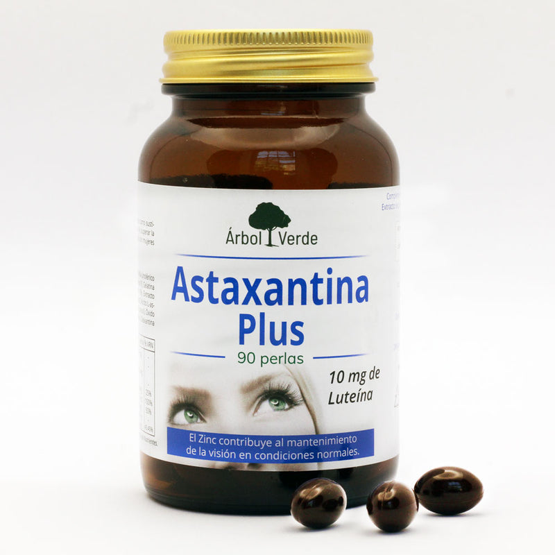 Bote y perlas de Astaxantina Plus - 90 Perlas. Árbol Verde. Herbolario Salud Mediterránea