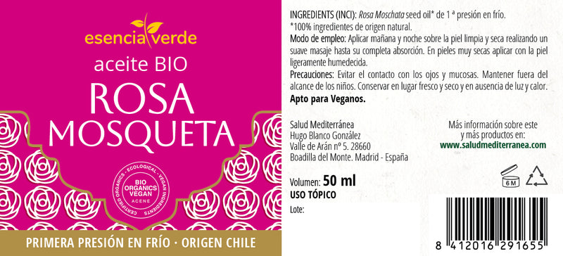 Etiqueta Aceite de Rosa de mosqueta BIO de CHILE - 50 ml. Esencia Verde. Herbolario Salud Mediterranea
