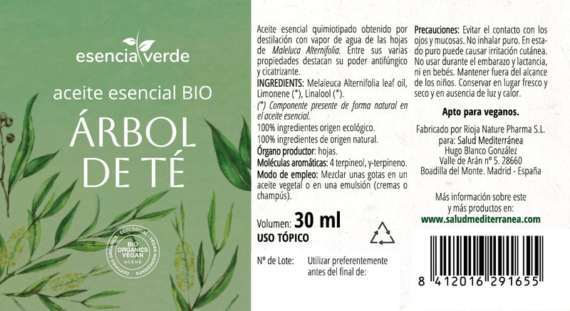 Etiqueta Aceite Esencial de Árbol del Té Ecológico - 30 ml. Esencia Verde. Herbolario Salud Mediterranea