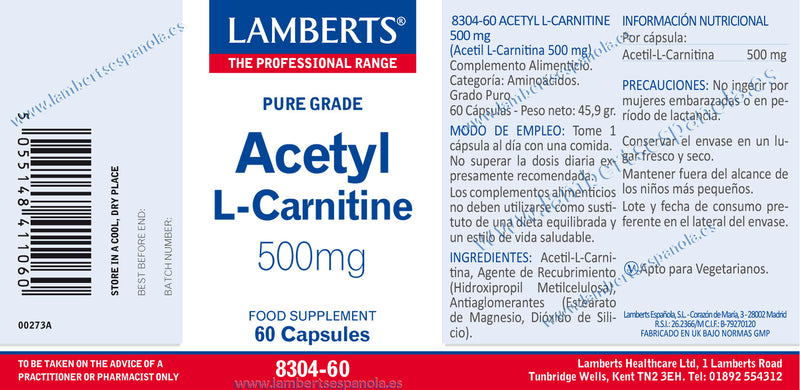 Acetil L-Carnitina 500 mg - 60 Capsulas. Lamberts. Herbolario Salud Mediterranea