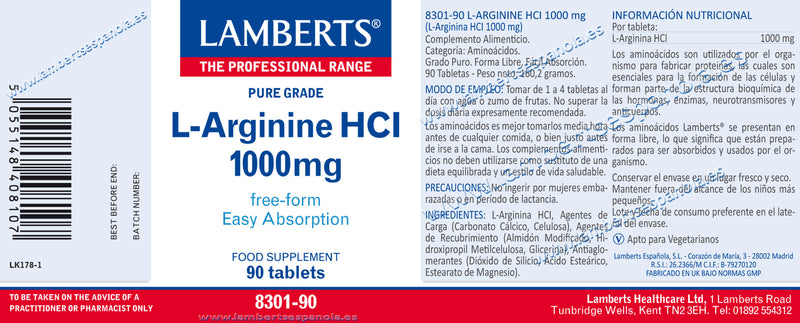 Etiqueta L-Arginina HCI 1000 mg - 90 Tabletas. Lamberts. Herbolario Salud Mediterranea
