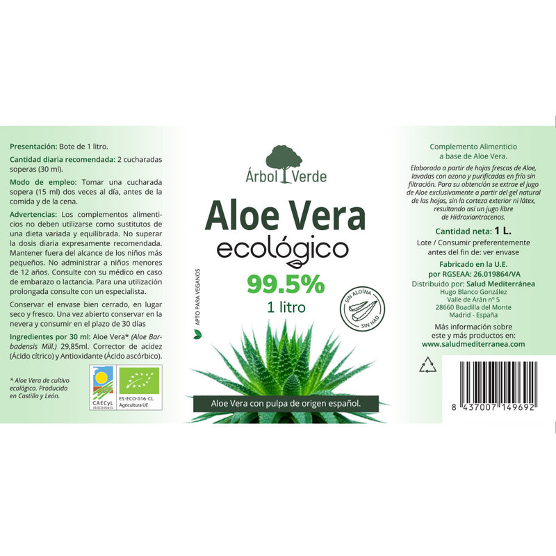 Etiqueta Aloe Vera con pulpa ECOLÓGICO - 1 Litro. Árbol Verde. Herbolario Salud Mediterránea