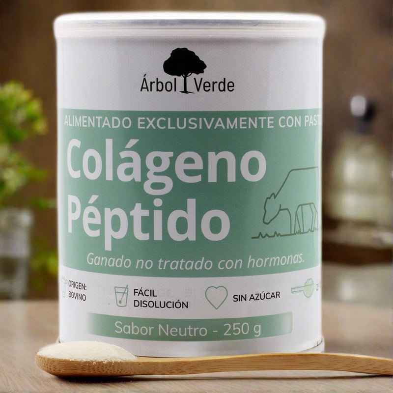 Bote con inagen del producto en polvo. Colágeno Péptido Sabor neutro - 250 g. Árbol Verde. Herbolario Salud Mediterranea
