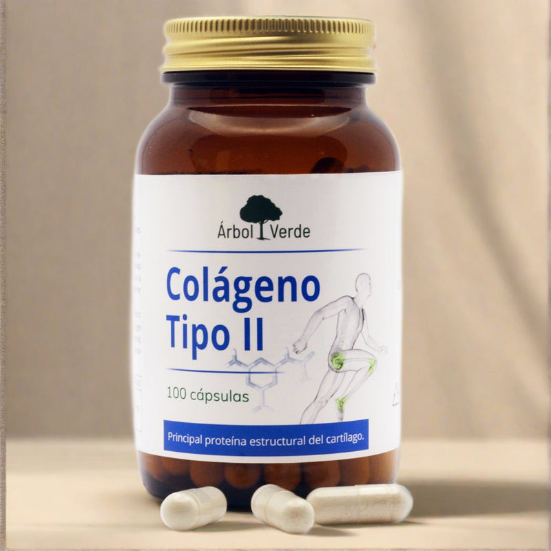 Bote y cápsulas de Colágeno Tipo II - 100 Cápsulas. Árbol Verde. Herbolario Salud Mediterránea