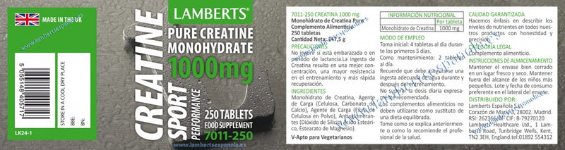 Etiqueta Creatina 1000 mg - 250 Tabletas. Lamberts. Herbolario Salud Mediterranea