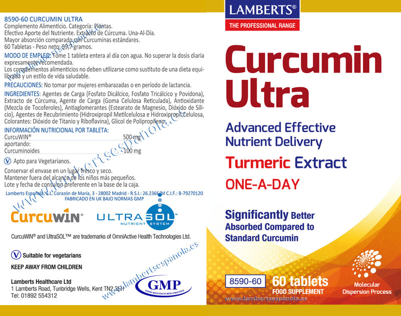 Etiqueta Curcumina Ultra - 60 Tabletas. Lamberts. Herbolario Salud Mediterranea
