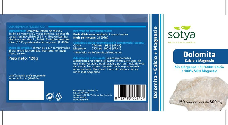 Etiqueta Dolomita - 150 Comprimidos. Sotya. Herbolario Salud Mediterranea