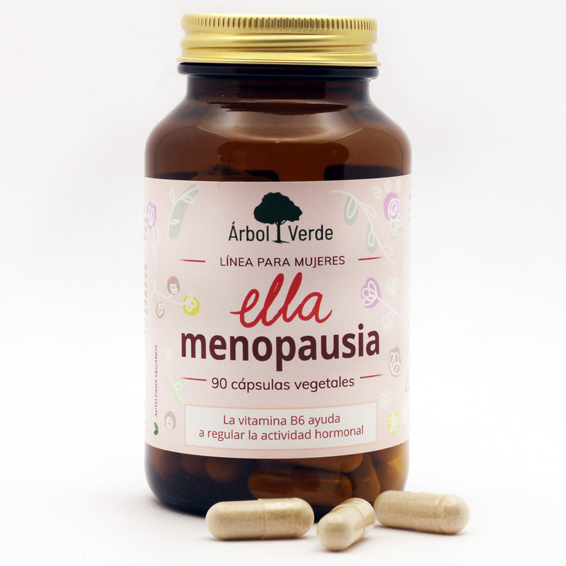 Bote y capsulas de Ella Menopausia - 90 Cápsulas. Árbol Verde. Herbolario Salud Mediterránea